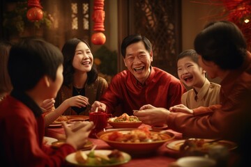 Family Celebrating Chinese New Year Engages in Customs, Exchanging Red Envelopes, and Sharing a Festive Meal - obrazy, fototapety, plakaty