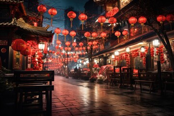 Vibrant Celebration: Red Lanterns Light Up the Streets, Capturing the Bustling Energy of Festivities, Street Vendors, and Happy Crowds