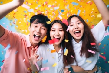  Young Asian Friends Celebrate, Dance, and Enjoy Holiday Event Together with Paper Shoot Fun