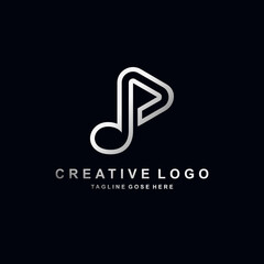 Music Media Logo with Play button and music tone sign on black background - obrazy, fototapety, plakaty