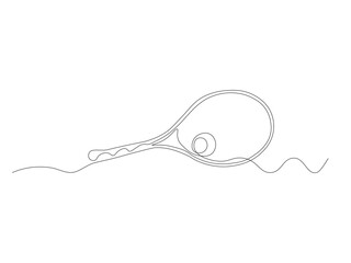 Abstract tennis racket and ball, lawn tennis, sports, continuous one line art hand drawing sketch