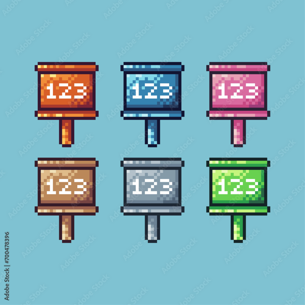 Poster pixel art sets of 123 sign icon with variation color item asset. 123 sign icon on pixelated style. 8
