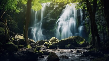 Hidden waterfall in tropical forest. Waterfalls and trees, rainforest,