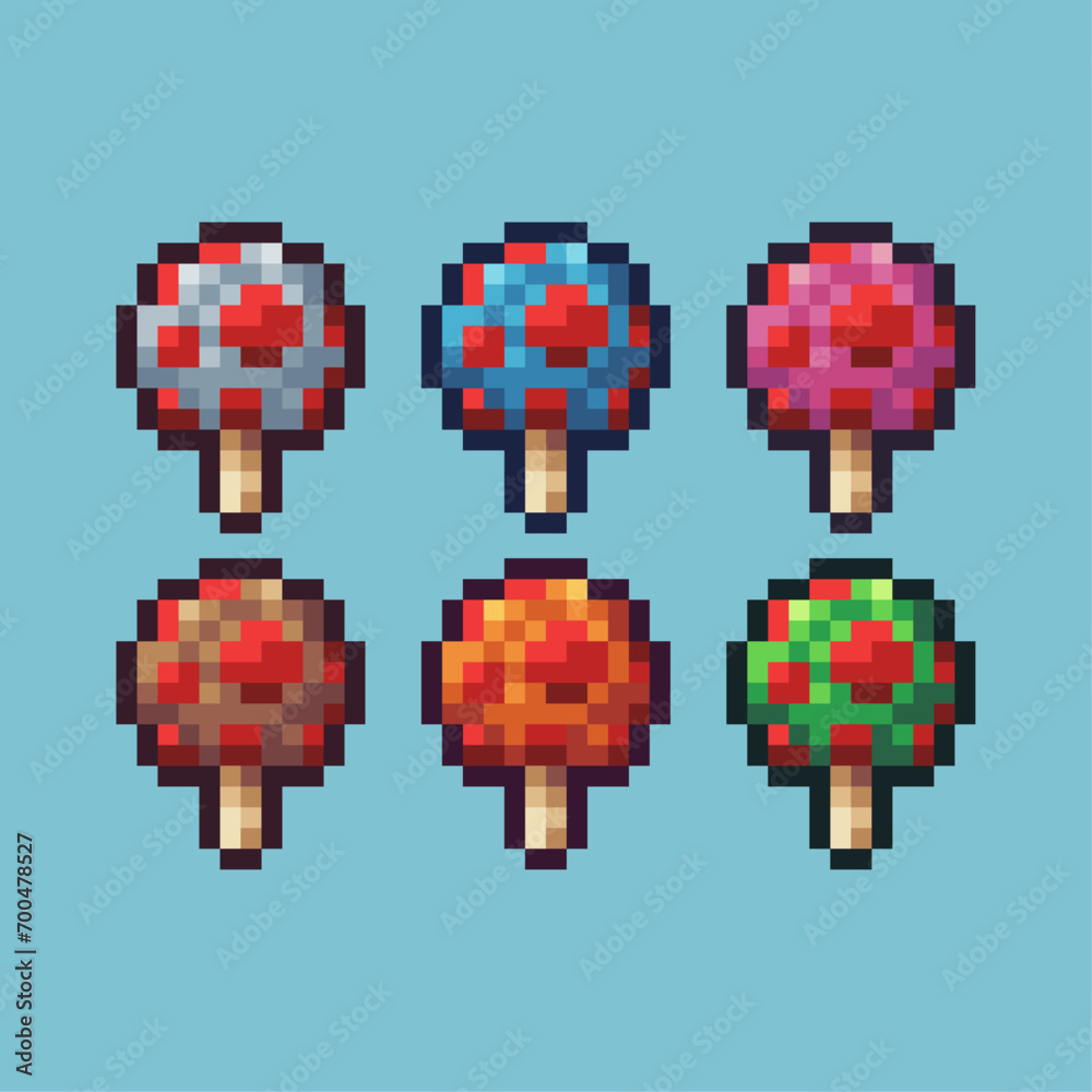 Poster pixel art sets of muhsroom icon with variation color item asset. muhsroom icon on pixelated style. 8