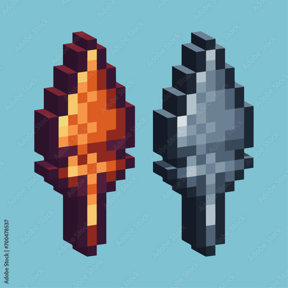 Poster isometric pixel art 3d of lance icon for items asset.lance weapon icon on pixelated style.8bits perf