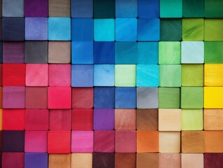 Spectrum of colorful wooden blocks aligned.