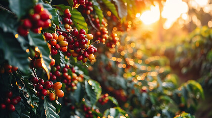 lots of coffee fruit trees, red ripe fruit in the forest - obrazy, fototapety, plakaty