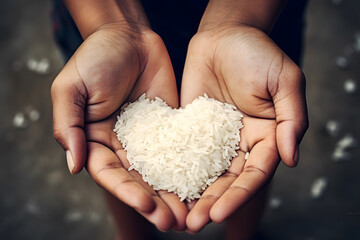farmer hands in shape of heart holding handful of rice