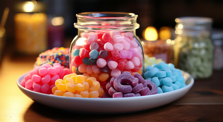 Tari with sugar in a bowl is sweet dish of different colors which is very tasty
