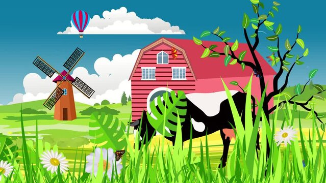 Landscape willage farmland in countryside landscape, mills, tractor 2d animation cartoon
