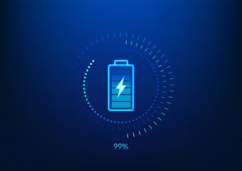 Battery technology background Screen with battery with technology circle surrounding it that is charging energy as reserve energy Show percentage of charge Wallpaper game screen. Vector illustration. - obrazy, fototapety, plakaty