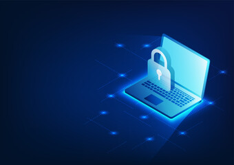 Cyber security technology background System to prevent data deletion and cyber theft You must verify your identity to access the information. Laptop screen showing lock Isometric image format - obrazy, fototapety, plakaty