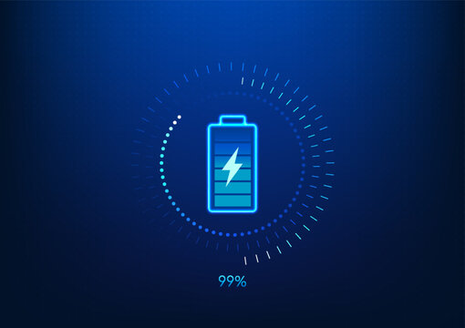 Battery technology background Screen with battery with technology circle surrounding it that is charging energy as reserve energy Show percentage of charge Wallpaper game screen. Vector illustration.