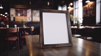 Menu Mock up blank for text marketing promotion. Mock up Menu frame standing on wood table in restaurant space for text.