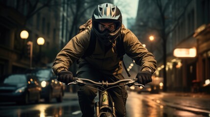 Fototapeta na wymiar A cyclist riding through city streets, Mask secured. Generative AI.