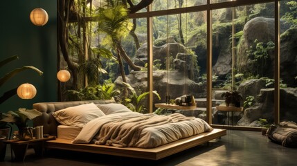 A Minimalist Jungle themed Bedroom. Generative AI.