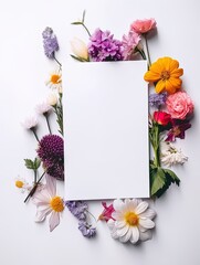 Vertical top view blank card with flowers Abstract organic flowers Blooming floral on white background for invitation card