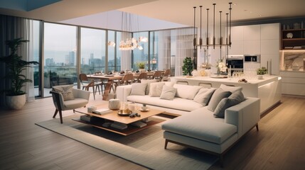 Luxury apartment with open concept living and dining area. Generative AI. - obrazy, fototapety, plakaty