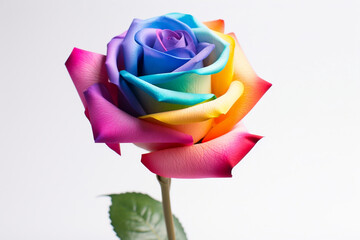 Single artificial rainbow rose on white background. Valentine's day, love and gender diversity, pride month concept. Generative ai illustration.