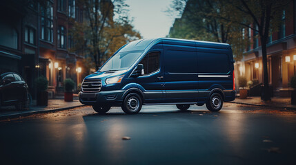 Fototapeta premium Dark blue delivery van standing in the street. Generative AI.