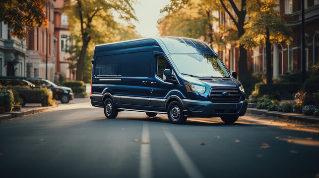 Dark blue delivery van standing in the street. Generative AI.