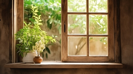アンティークでナチュラルな雰囲気の木製の格子いた窓が片方空いている、窓から見えるたくさんの緑の自然、窓辺にある観葉植物