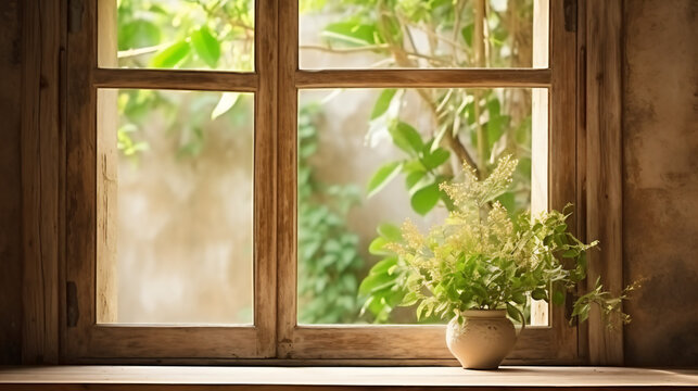 アンティークでナチュラルな雰囲気の木製の格子がついた窓から見えるたくさんの緑の自然、窓辺にある観葉植物