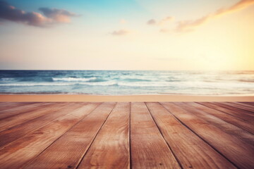 Fototapeta na wymiar Wooden floor with sea background