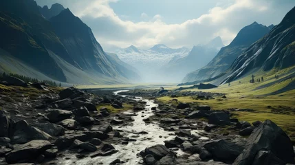 Schilderijen op glas Black rock surface in foreground with mountain landscape. Generative AI. © visoot