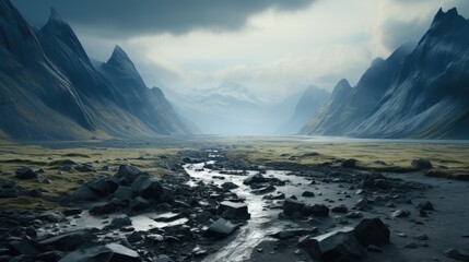 Black rock surface in foreground with mountain landscape. Generative AI.
