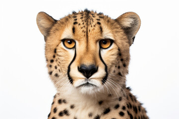 Cheetah close-up portrait on a white background.