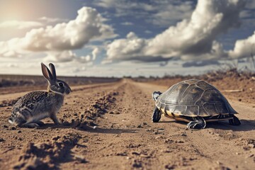 Turtle and rabbit on race track. Concept compete for success. Generative AI. - obrazy, fototapety, plakaty