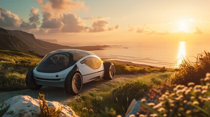 Fototapeta na wymiar Futuristic Car, Eco-design, in Landscape, Sustainability, Autonomous, Electro, Hydrogen 