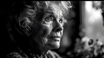 Black and white profile portrait of an elderly woman - obrazy, fototapety, plakaty