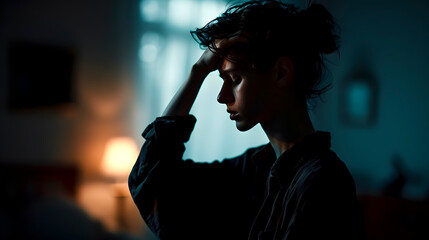A young woman in a darkened room with migraine or headache