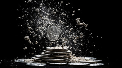 British sterling coin in particles splash - obrazy, fototapety, plakaty