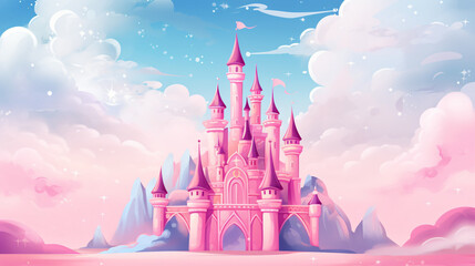 Cartoon dreamy pink and pastel color cartoon castle - obrazy, fototapety, plakaty