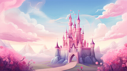 Cartoon dreamy pink and pastel color cartoon castle