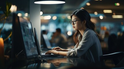 Asian female programming coder at workplace image wallpaper