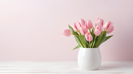 Vase with beautiful pink tulips on a white table - obrazy, fototapety, plakaty