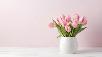 Foto op Aluminium Vase with beautiful pink tulips on a white table © Daniel
