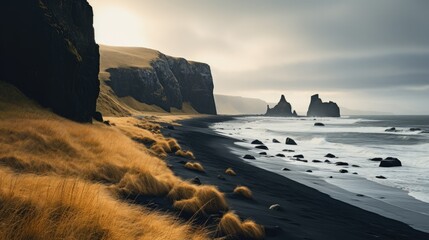 Desolate remote coastal early winter landscape with steep dark cliffs and narrow brown grass....