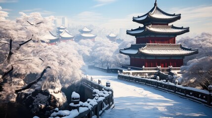 Beautiful ancient Chinese buildings, Snowing. Generative AI.