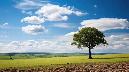 Obraz premium A lone tree in a vast plain juxtaposing vibrant leaf green with a sense of emptiness. Generative AI.