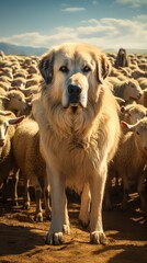 a large dog standing in a herd of sheep