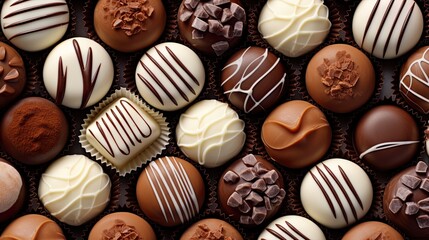 top view of variety chocolate pralines full Many different delicious chocolate background