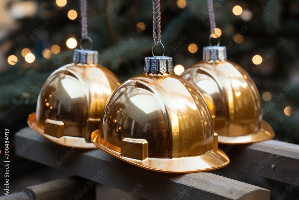 Poster Hard hats in the style of a bauble on a Christmas tree. Generative AI.