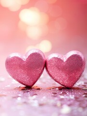 Obraz premium Valentines day festive background with two hearts In Shiny Background Valentine's Day glitter background