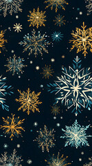 a blue background with blue snowflakes on black background, seamless pattern