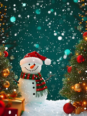 Obraz premium Christmas and New Year holiday background. Xmas greeting card. Christmas banner with blank space for text, santa claus, deers, and snowman celebrate Christmas with giftboxes